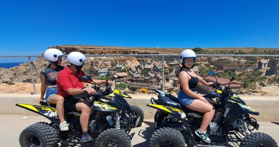 North Malta: Quad Bike Tour with Scenic Land, Sea & Swimming - Mellieha Bay viewpoint stops: Popeye Village, Triq tal-Prajjet, and photo time